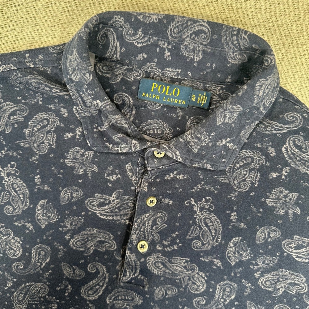 Polo Ralph Lauren Polo Shirt Mens XL Navy Blue Paisley AOP Short Sleeve Cotton